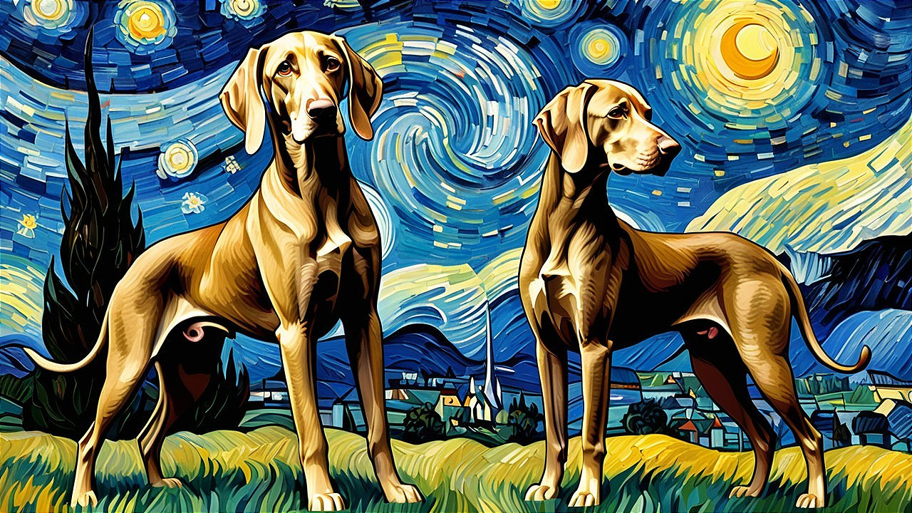 Elegant dogs in a swirling Van Gogh-inspired backdrop