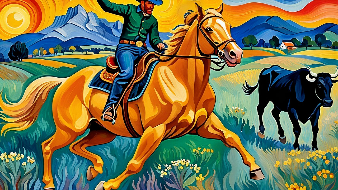 Cowboy on Golden Horse in Vibrant Landscape Scene