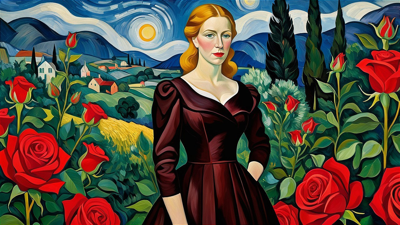 Woman in Red Dress Surrounded by Vibrant Roses