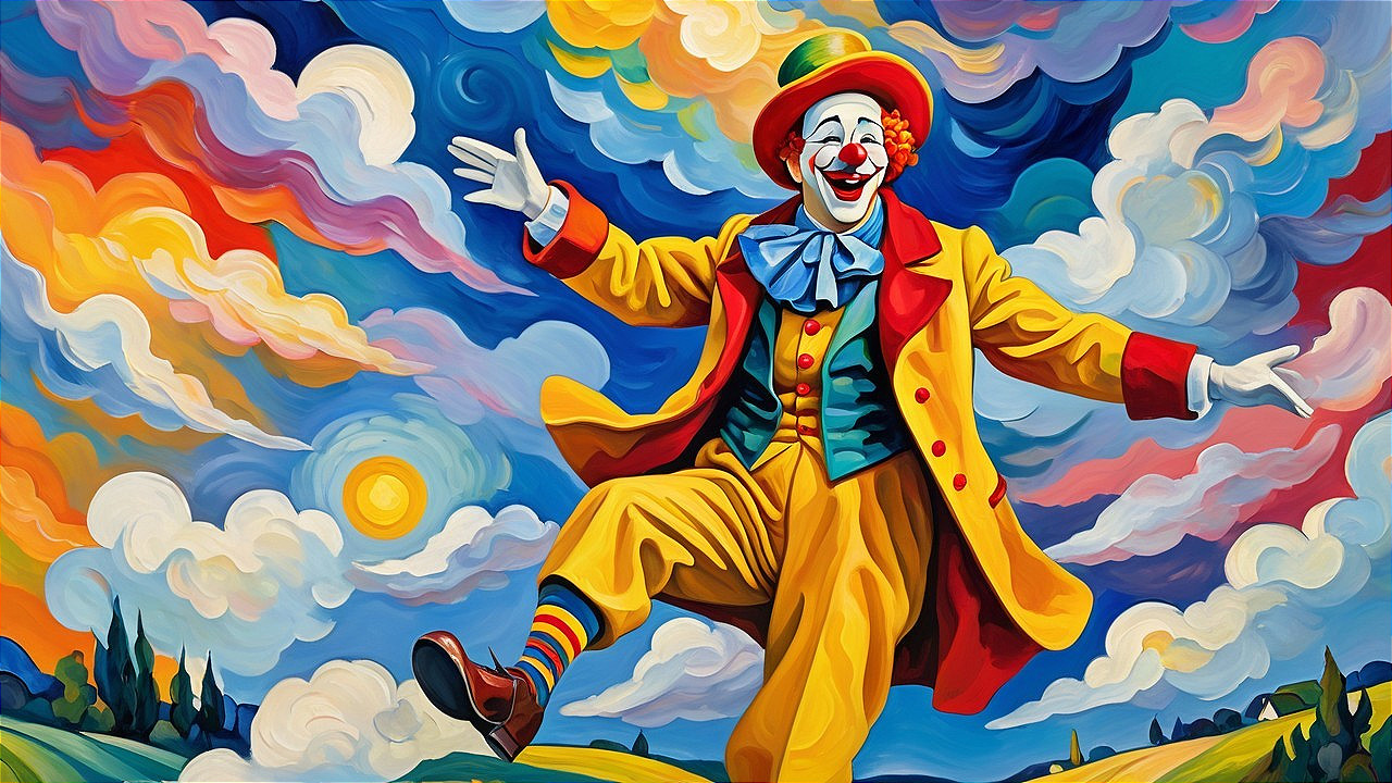 Vibrant Clown Dancing in Colorful Dreamlike Landscape