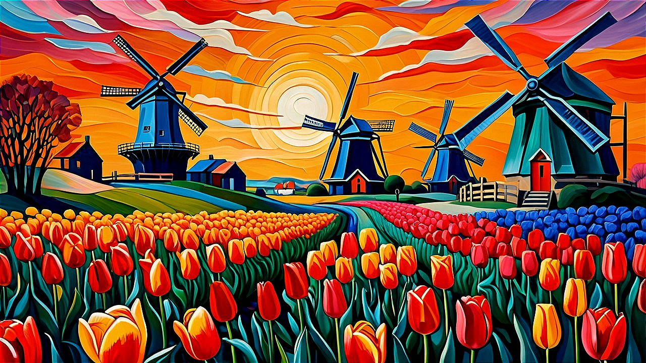 Colorful Tulip Fields with Windmills at Sunset