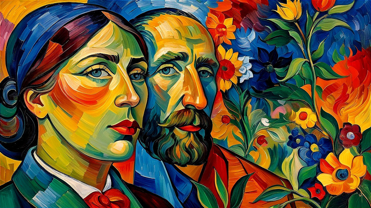 Colorful Portrait of a Man and Woman with Flowers
