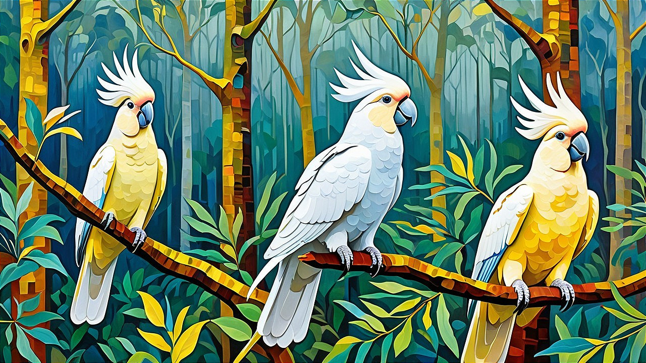 Vibrant Cockatoos in a Lush Green Forest Setting