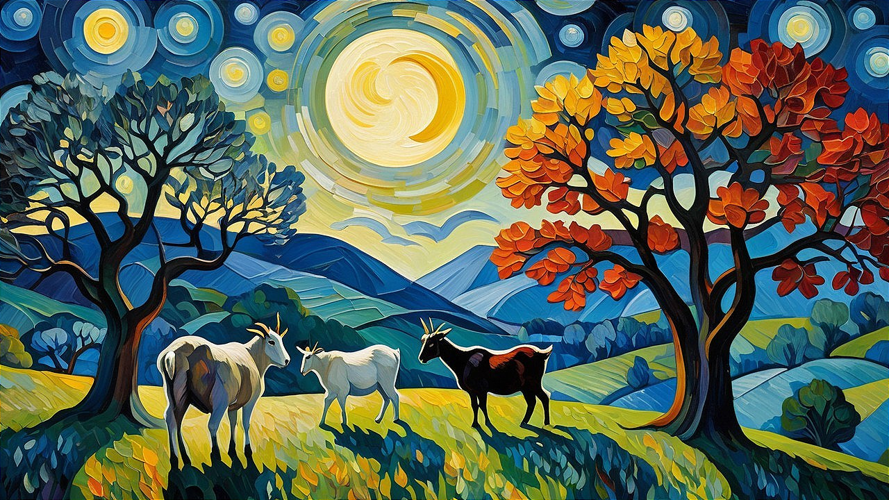 Colorful Landscape with Grazing Goats and Trees