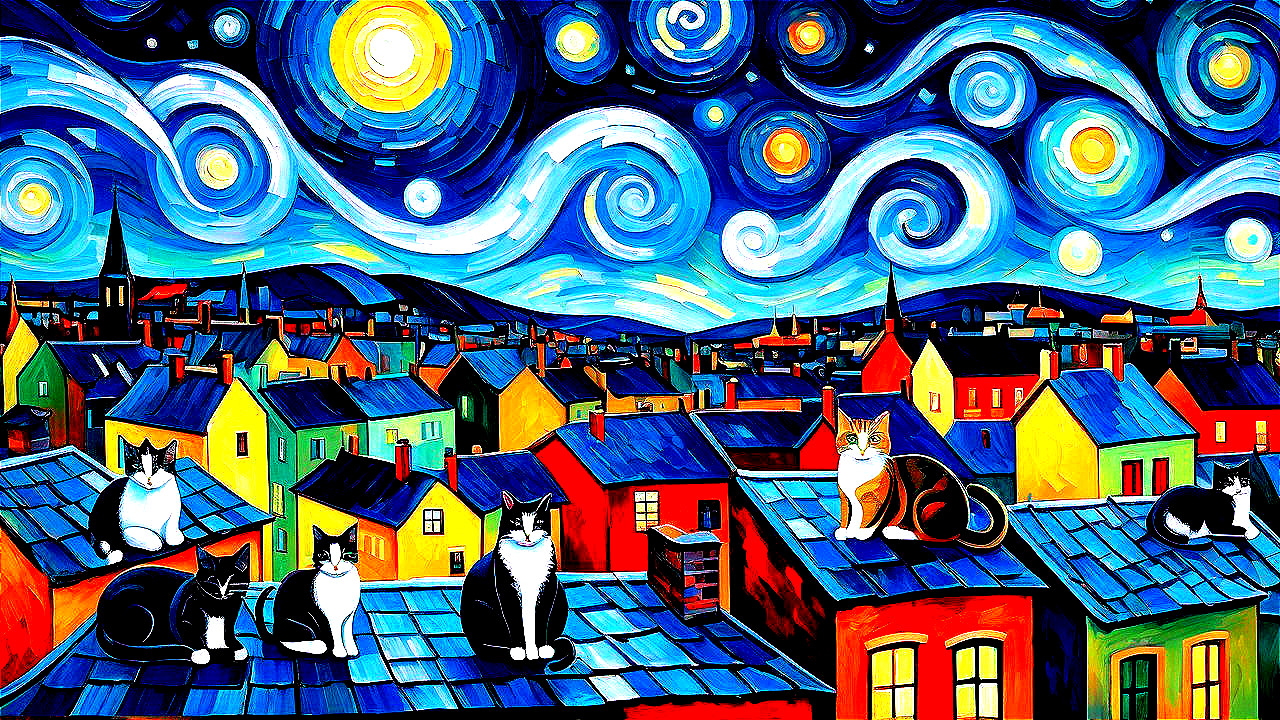 Colorful Rooftops and Cats in a Whimsical Night Scene