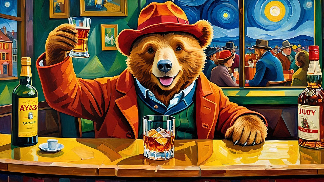 Cheerful bear in orange hat celebrates at a bar