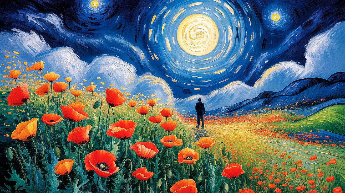 Vibrant Landscape with Poppies and Dreamlike Sky