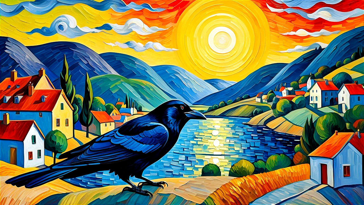 Vibrant Landscape with Black Crow and Serene River