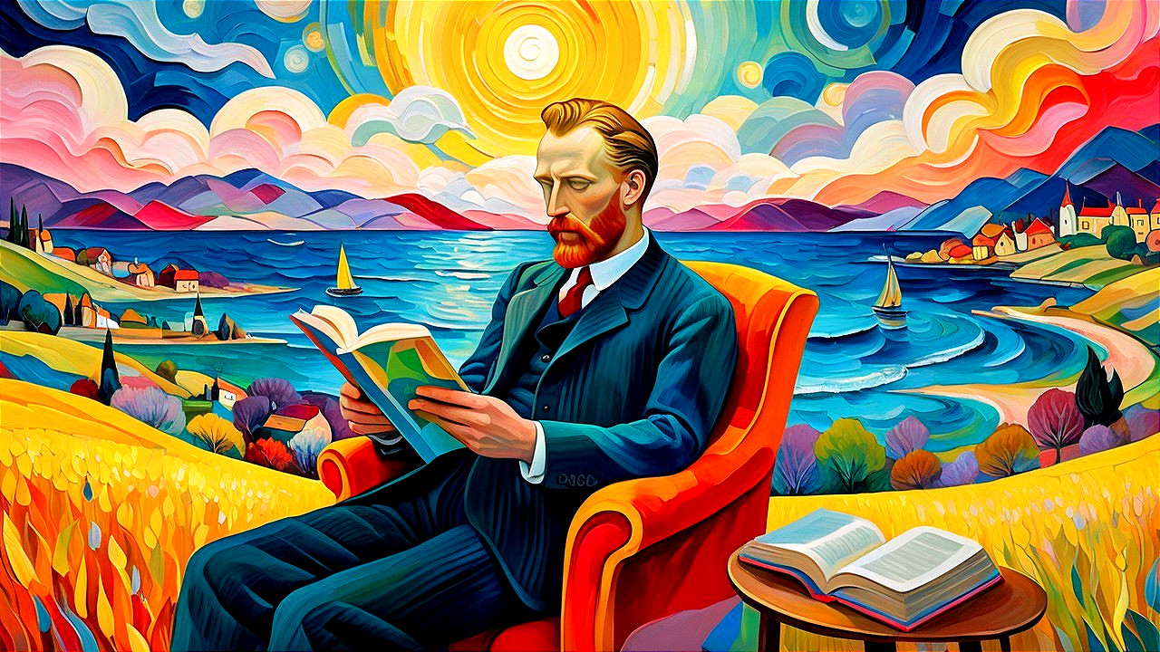 Vibrant Portrait of a Bearded Man Reading in Nature