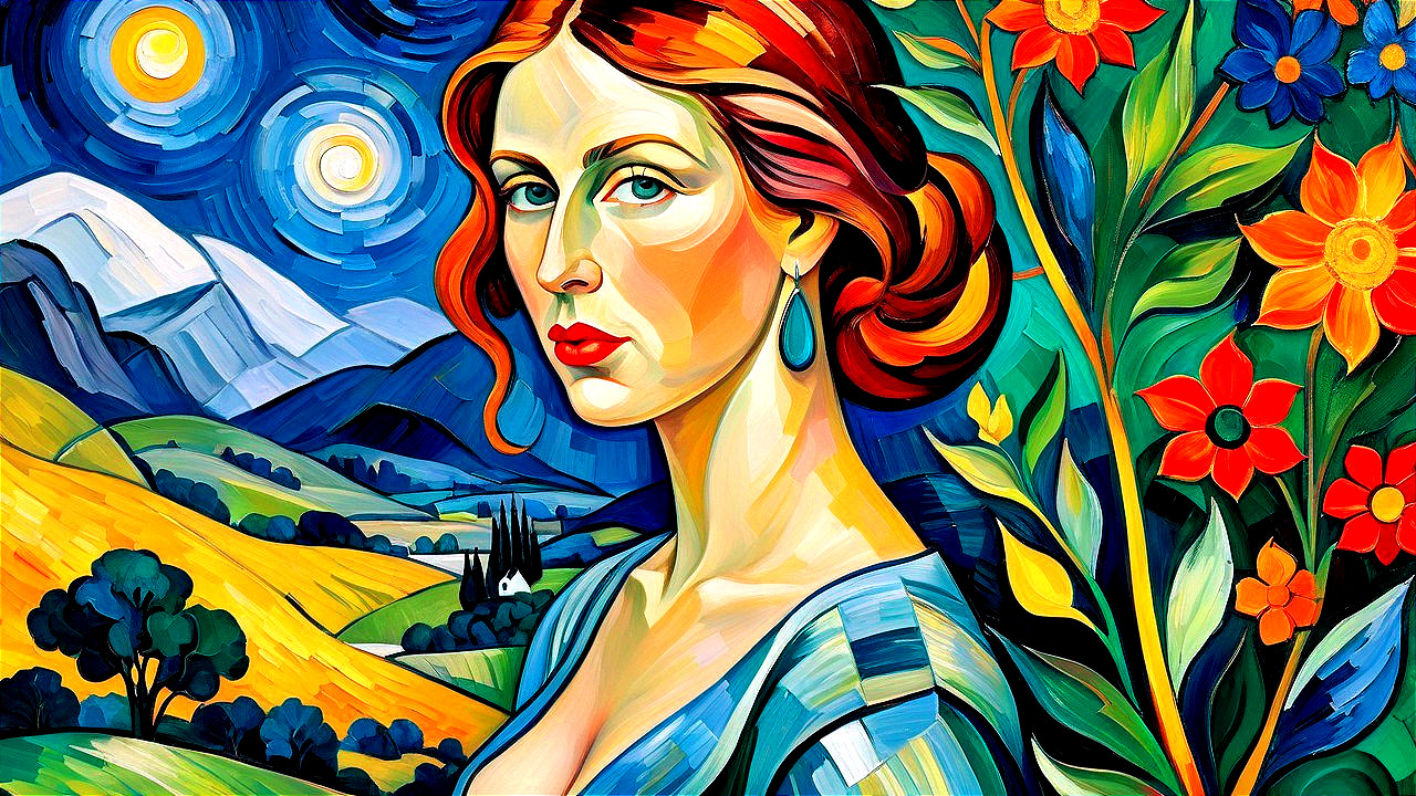 Pop Art Painting of Red-Haired Woman in Vibrant Landscape