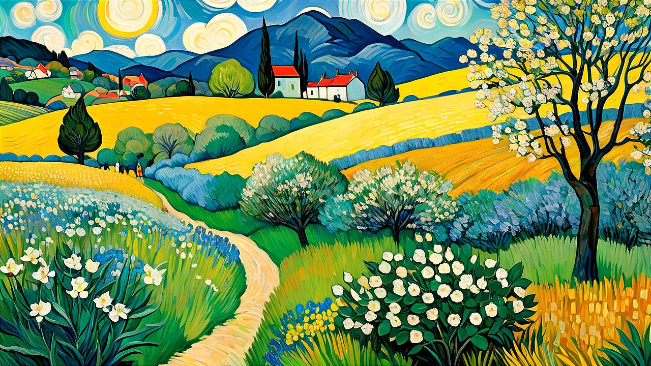 Vibrant Landscape with Rolling Hills and Starry Sky