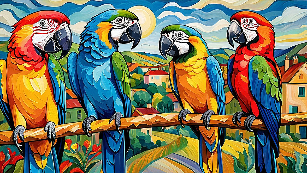 Colorful Painting of Four Macaws on a Branch