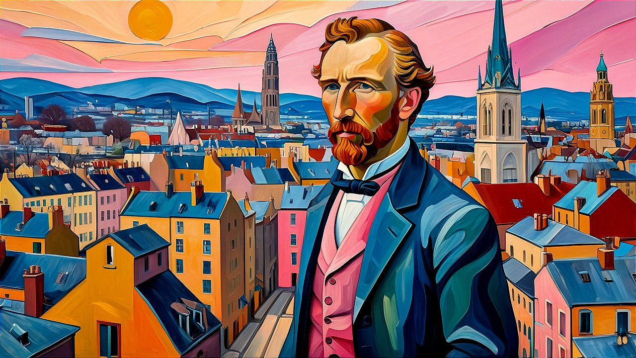 Stylized Portrait of a Bearded Man in Cityscape