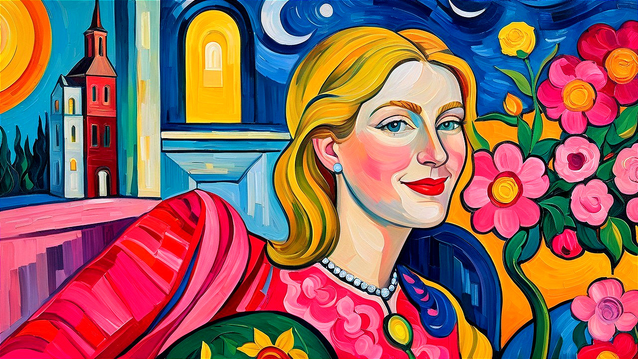 Vibrant Painting of Confident Woman with Floral Elements