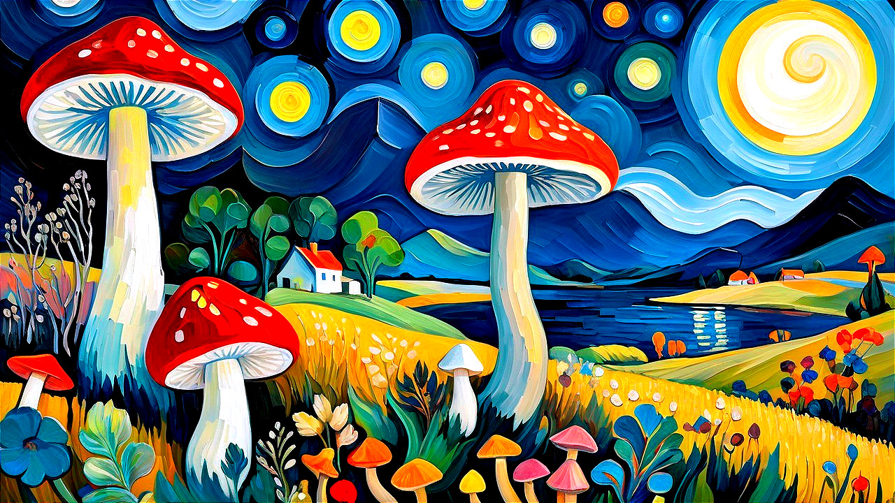Vibrant Landscape with Red-Capped Mushrooms and Lake
