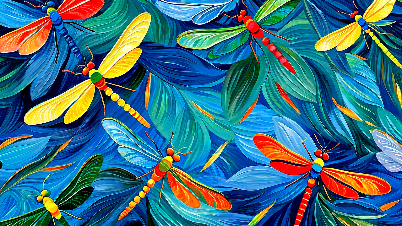 Colorful Abstract Design with Dragonflies and Leaves