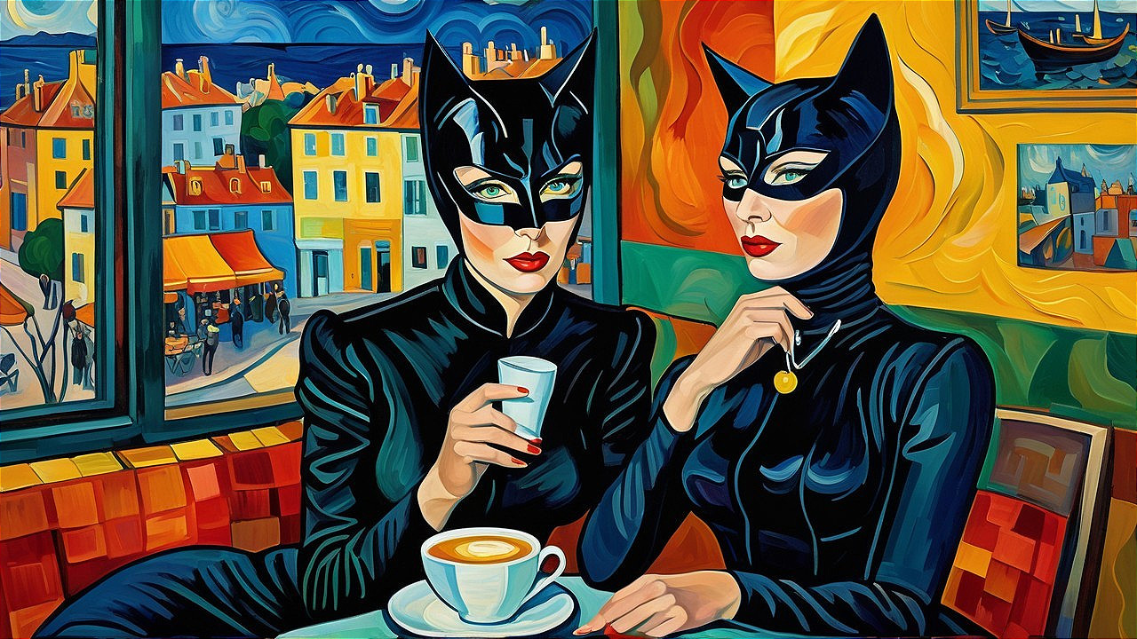 Elegant Women in Black Cat Suits Enjoying Coffee