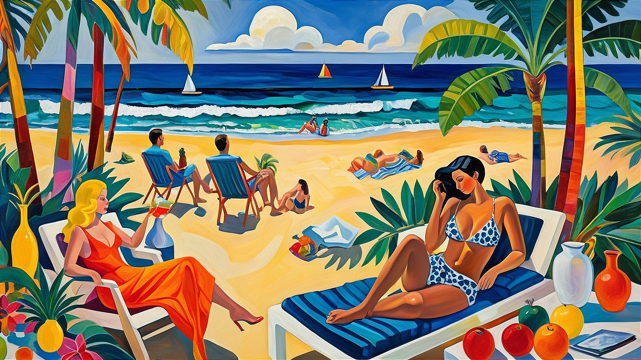Vibrant Beach Scene with Sunbathers and Sailboats