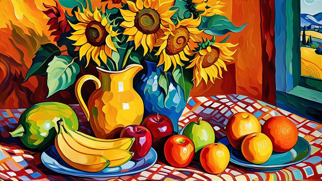 Vibrant Still Life with Sunflowers and Colorful Fruits
