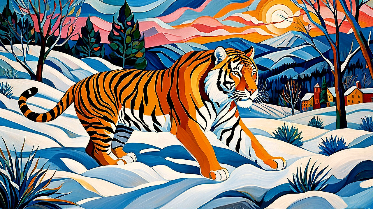 Vibrant Painting of a Tiger in a Snowy Landscape