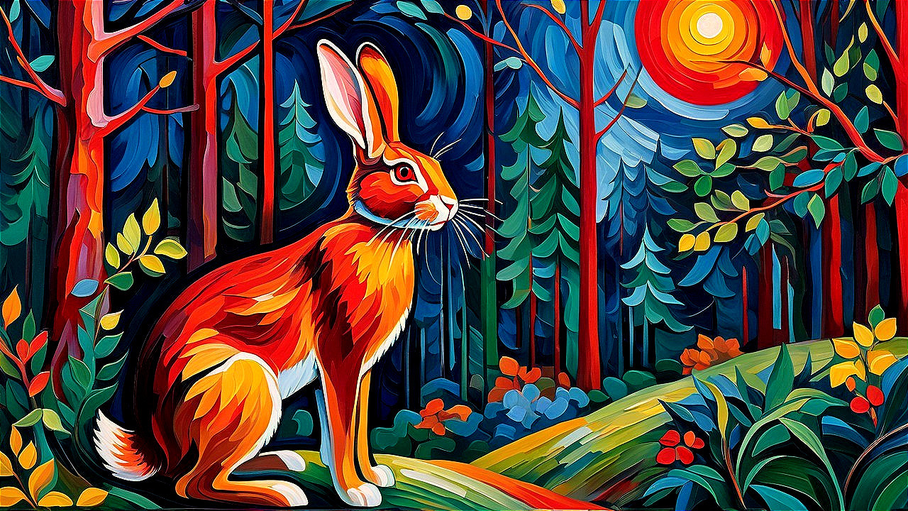 Colorful Rabbit in Stylized Forest Landscape Artwork