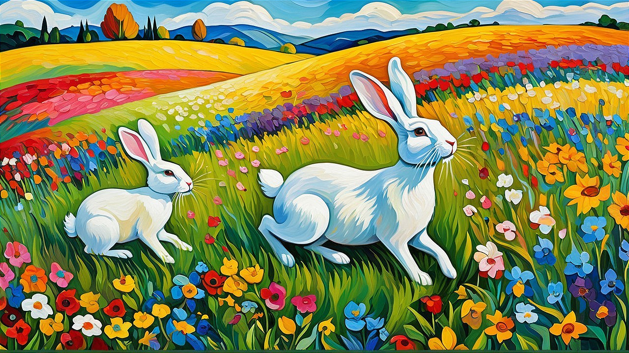 Vibrant Landscape with Rabbits in Colorful Field