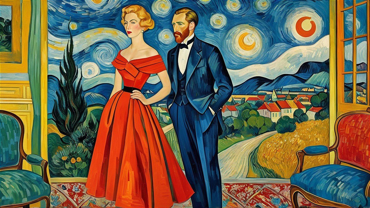 Glamorous Couple in Vibrant Red Dress and Tuxedo