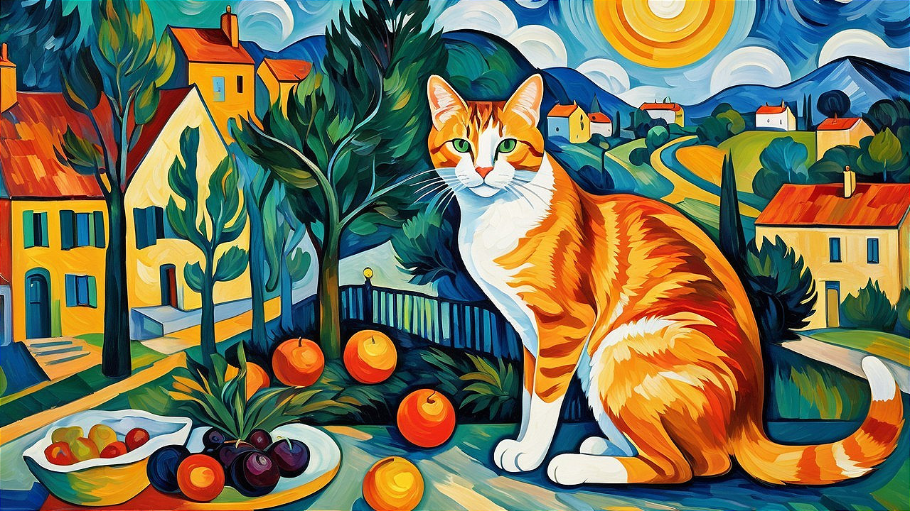 Colorful Cat in Scenic Landscape with Fruit Bowl