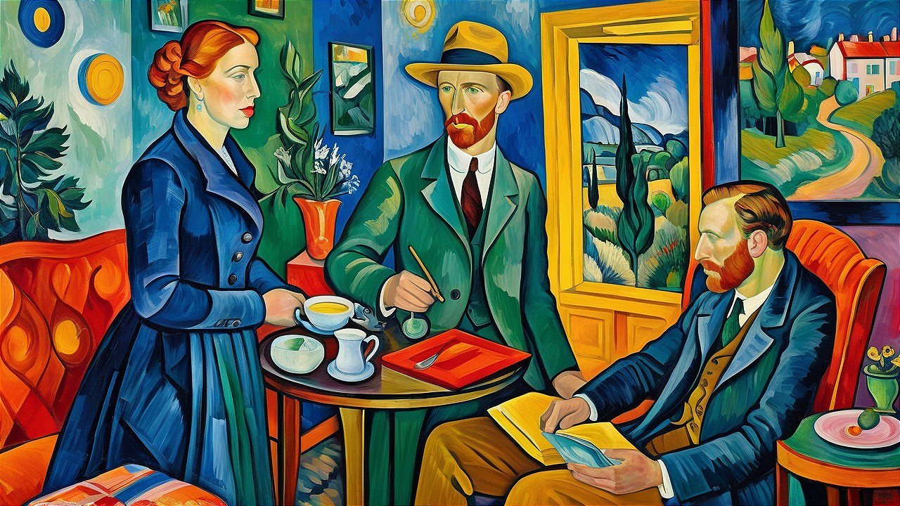 Three Figures in a Vibrant Interior Setting