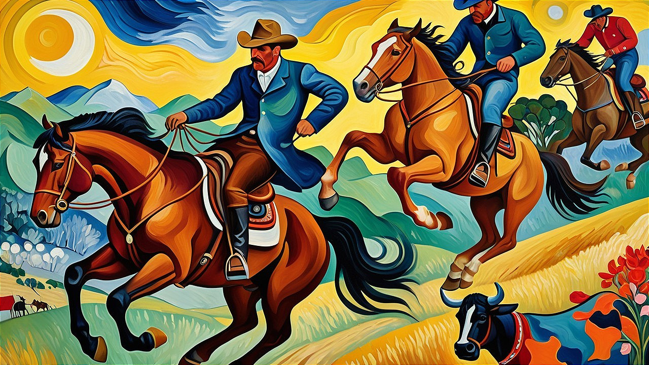 Vibrant Mural of Cowboys Riding Horses in Landscape