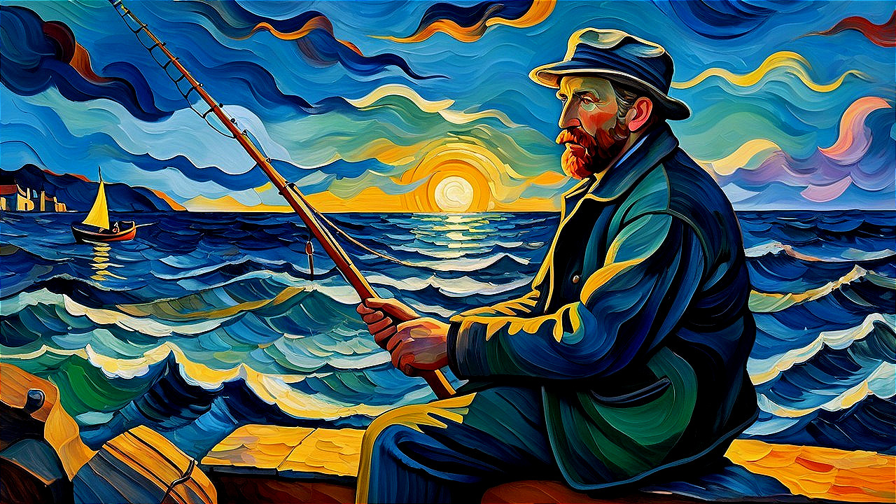 Painting of a figure in a boat on a dark ocean