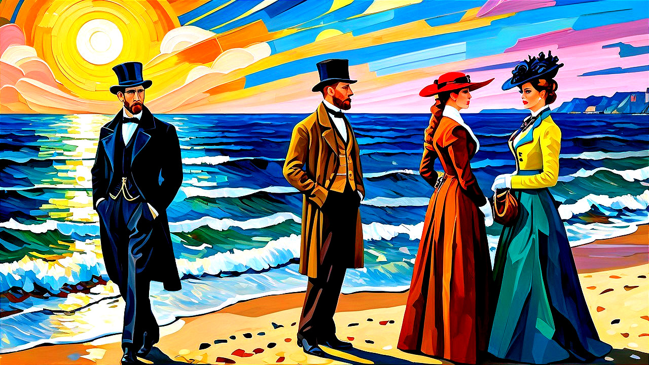 19th Century Beach Scene with Elegant Figures at Sunset