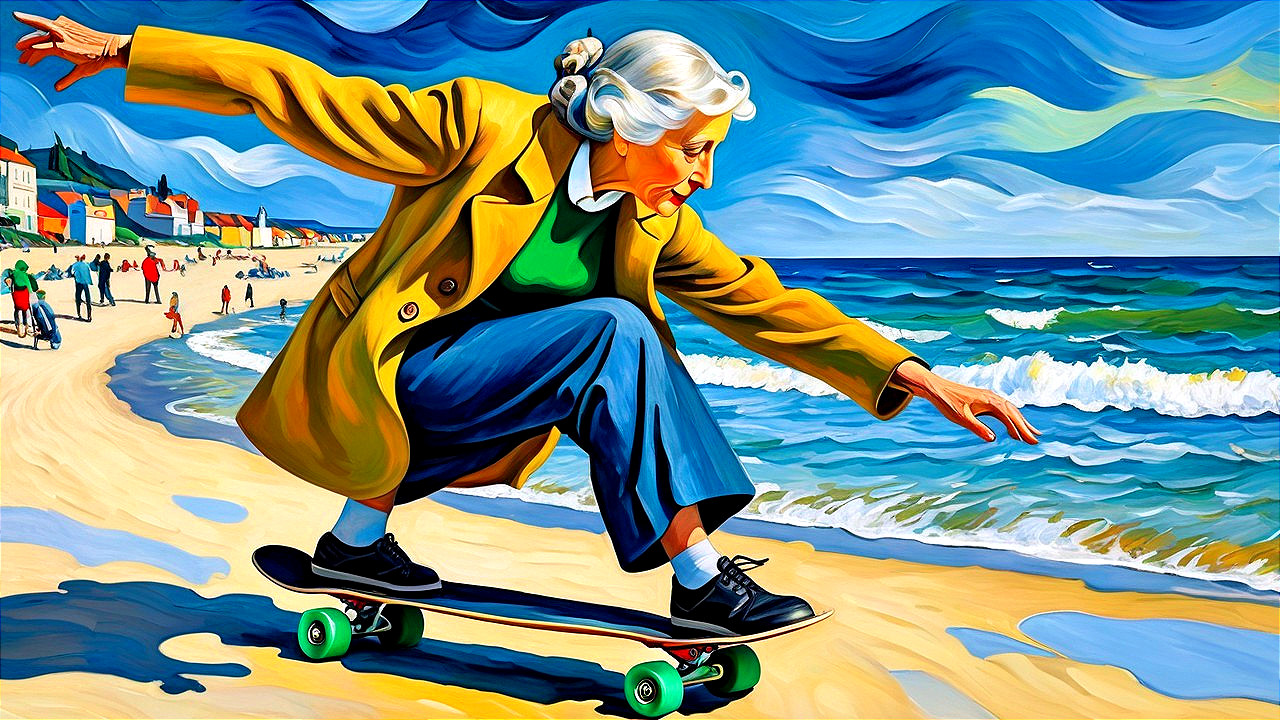 Elderly Woman Skateboarding at a Vibrant Beach