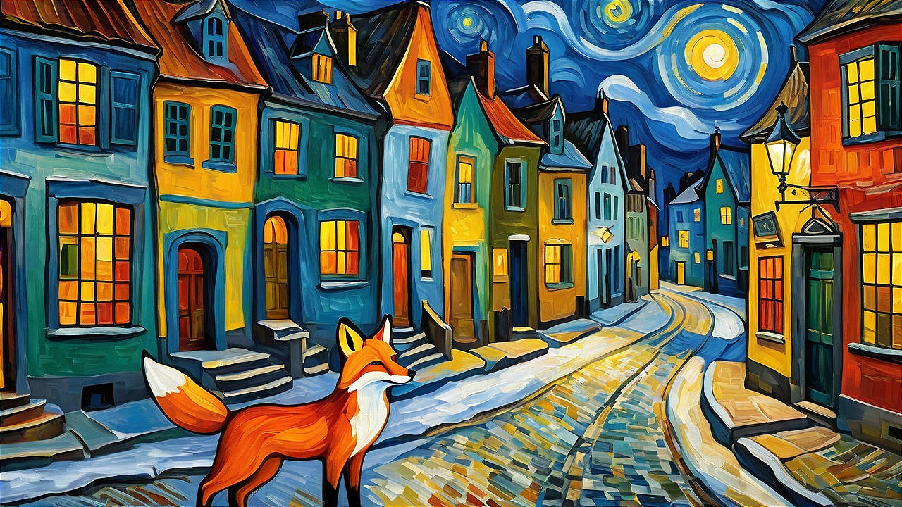 Vibrant Street Scene Under Starry Night Sky