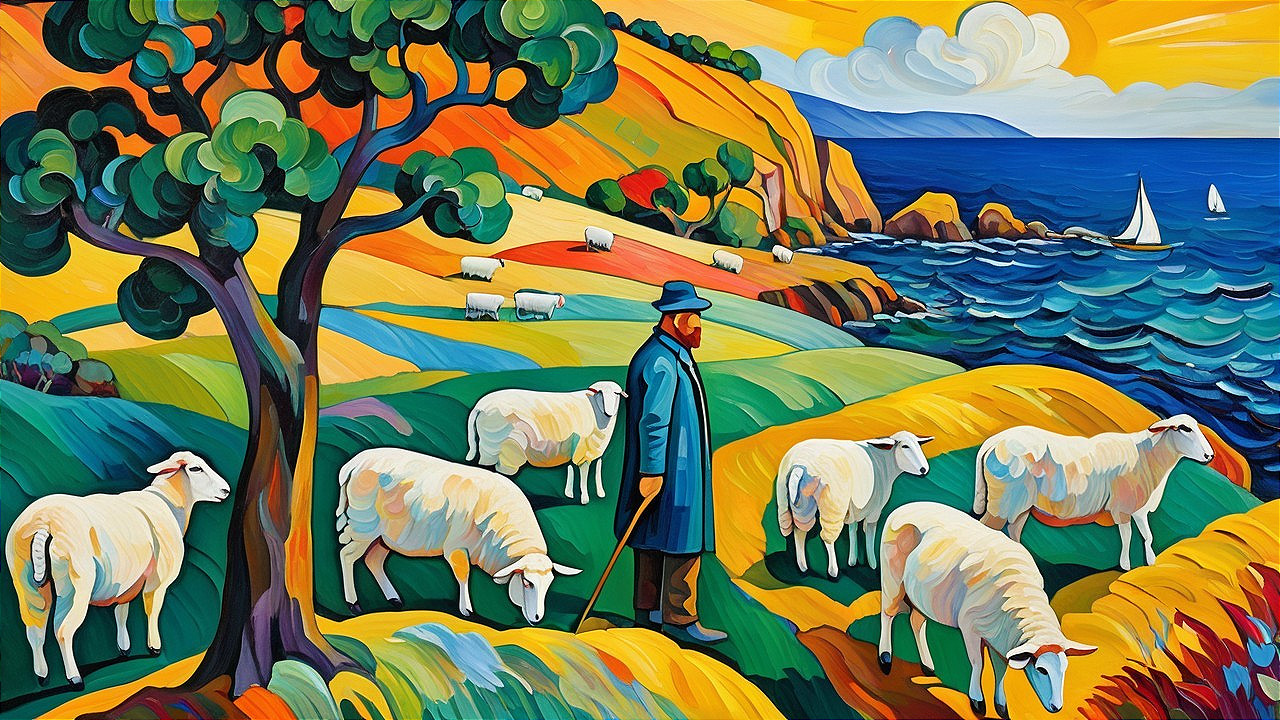 Colorful Landscape with Farmer and Sheep by the Sea