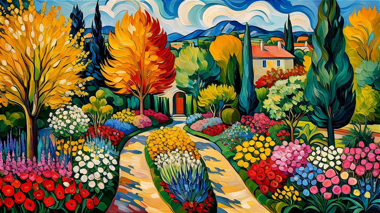Vibrant Garden with Colorful Flowers and Pathway