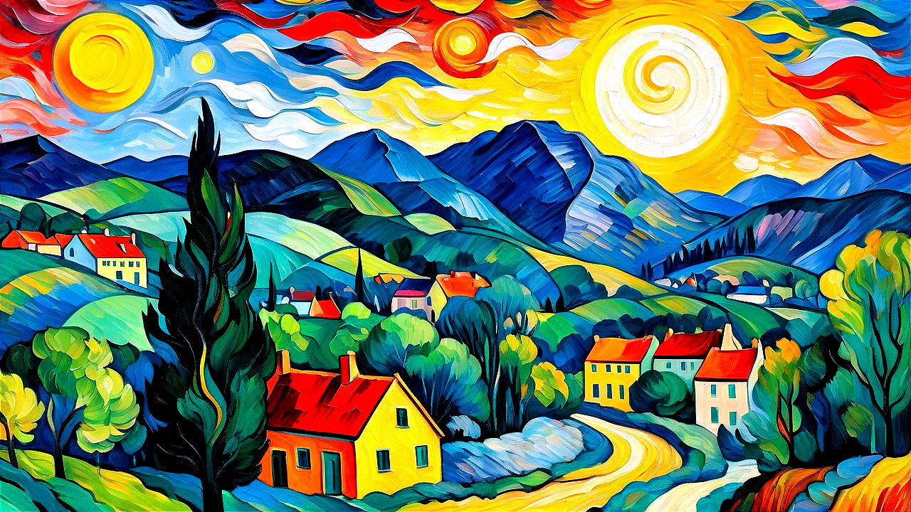 Vibrant landscape painting with hills and colorful sky
