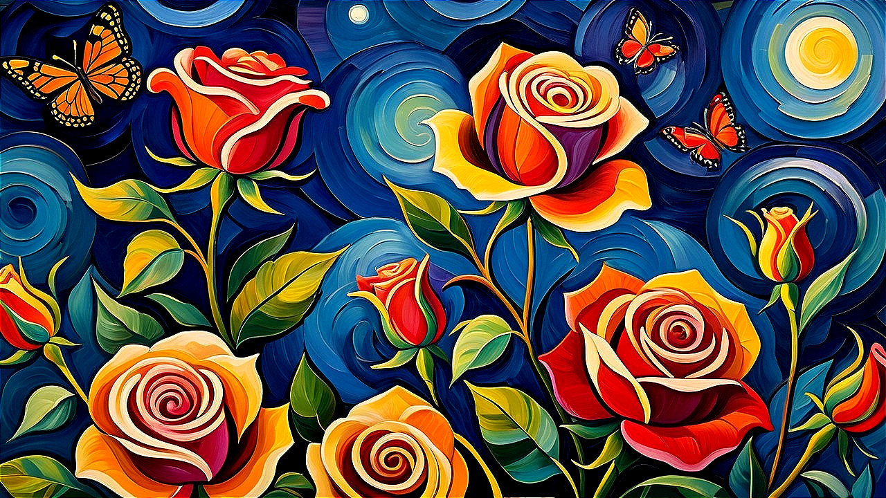 Vibrant Roses with Butterflies on Deep Blue Background