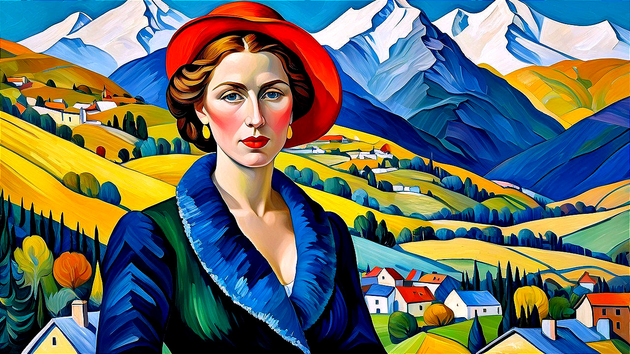 Portrait of a Woman in a Red Hat with Mountain View