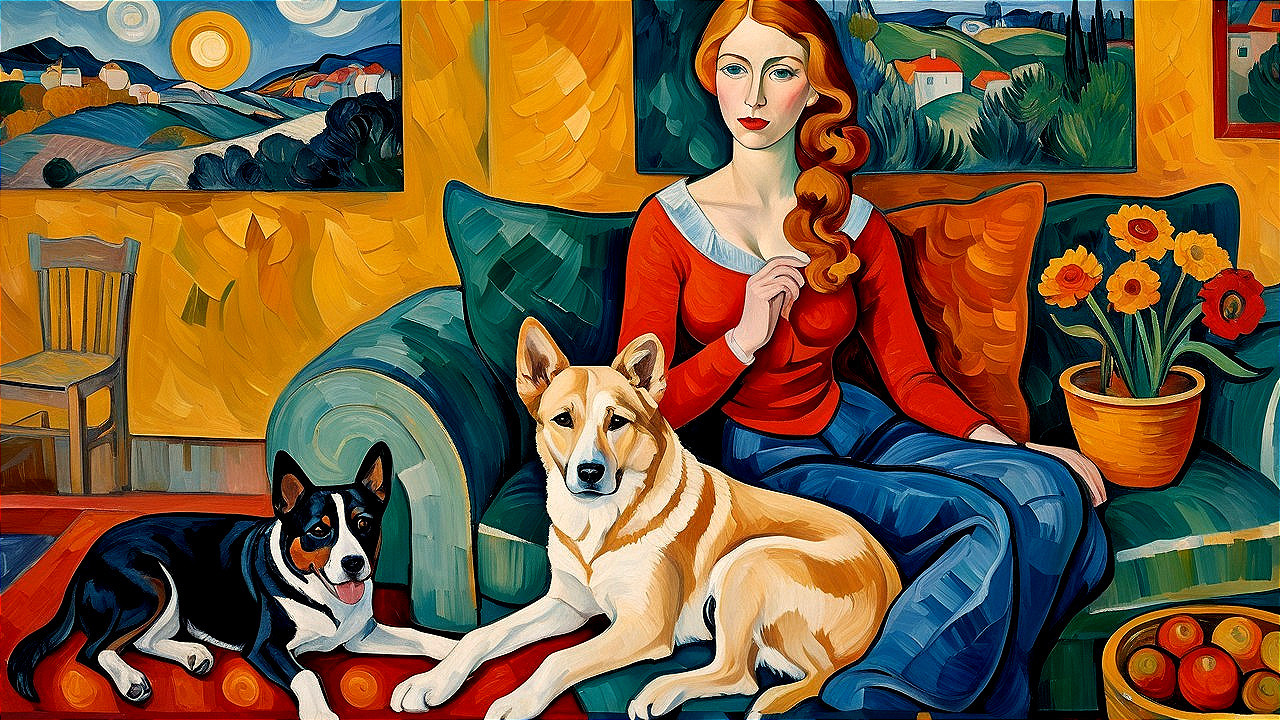 Modern Painting of a Serene Woman on a Green Sofa