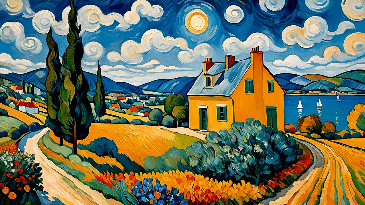 Vibrant Landscape with Yellow House and Rolling Hills