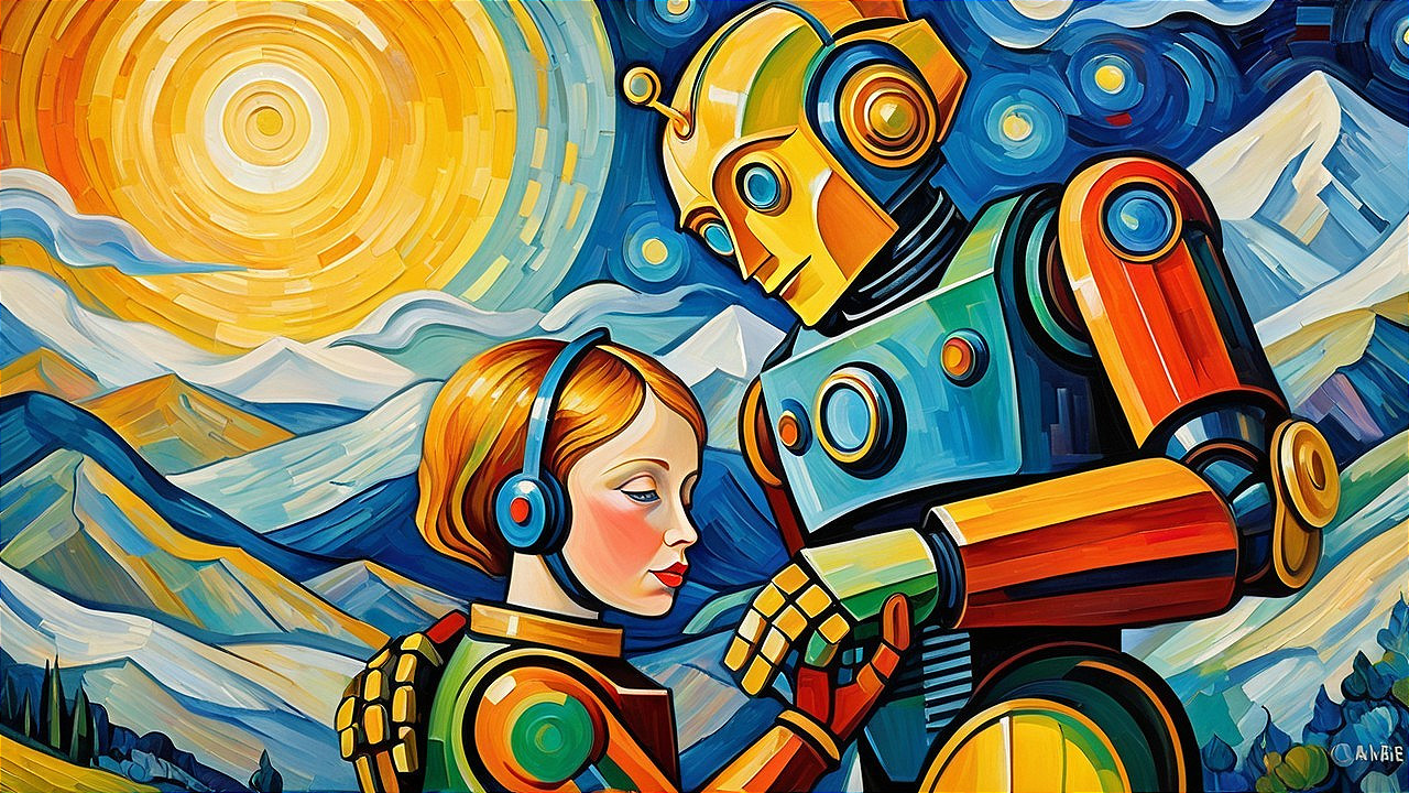 Vibrant Scene of Robot and Girl in Colorful Landscape