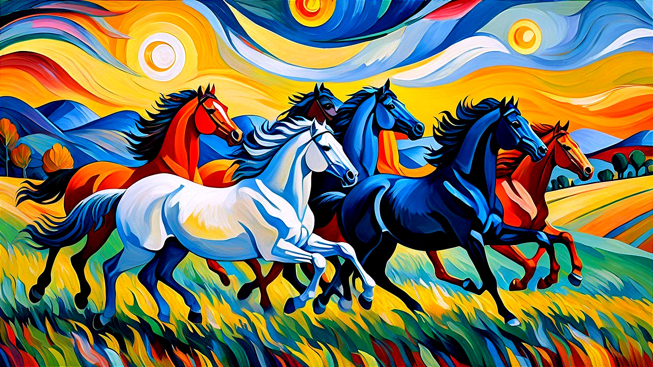 Abstract Painting of Galloping Horses in Vivid Landscape
