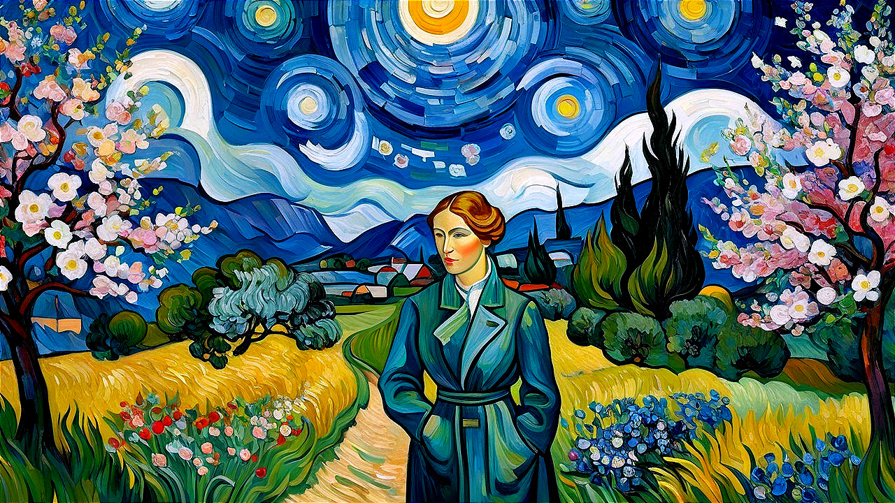 Van Gogh Style Painting of Woman in Wheat Field