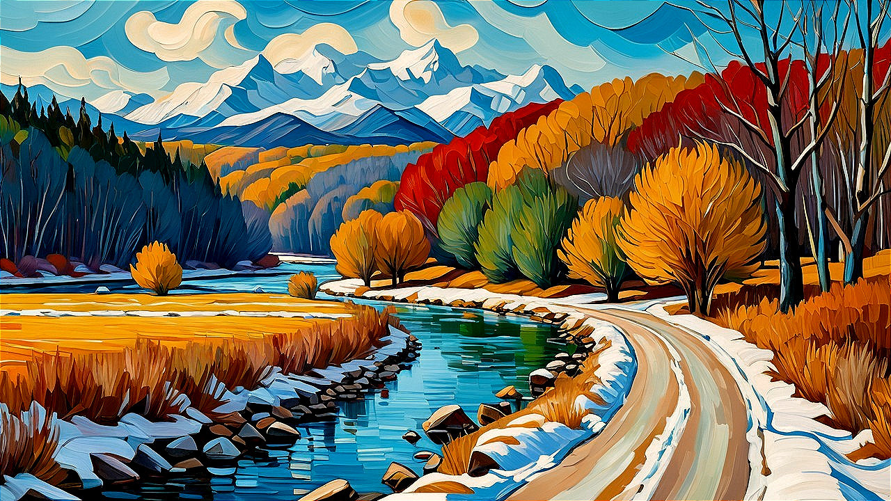 Vibrant Autumn Landscape with River and Mountains