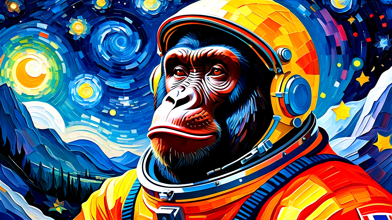 Colorful Chimpanzee in Astronaut Suit Against Starry Sky