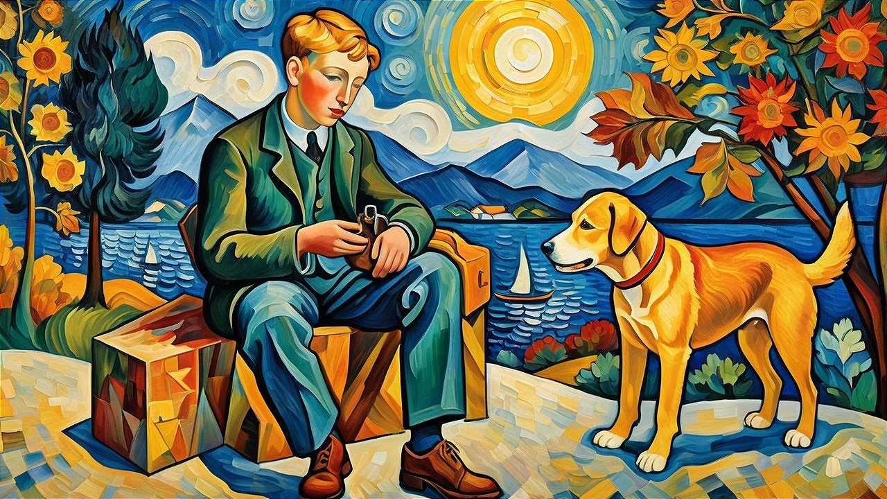 Vibrant Painting of Boy, Dog, and Serene Landscape
