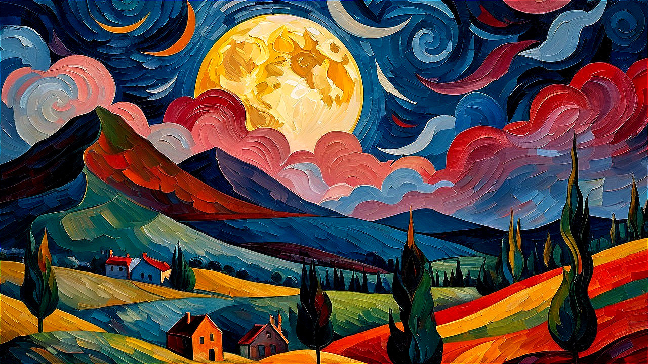 Vibrant Landscape with Rolling Hills and Glowing Moon