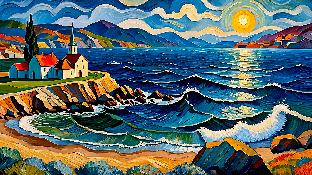 Vibrant Expressionist Coastal Scene with Church and Cliff