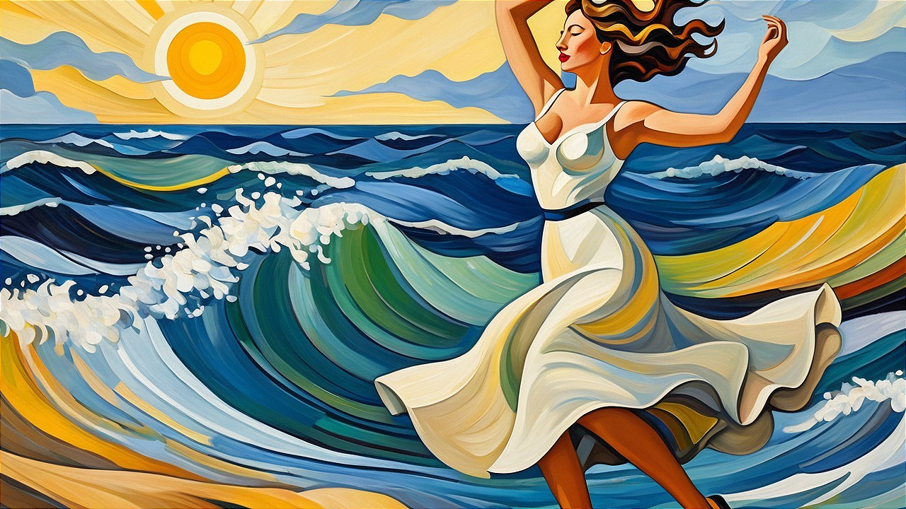 Vibrant Painting of Woman Dancing by Ocean Waves